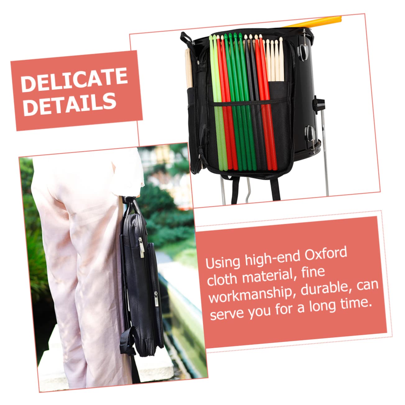 Yardwe Waterproof Drumstick Bag Oxford Cloth Extra Storage for Drum Set Sticks Mallets