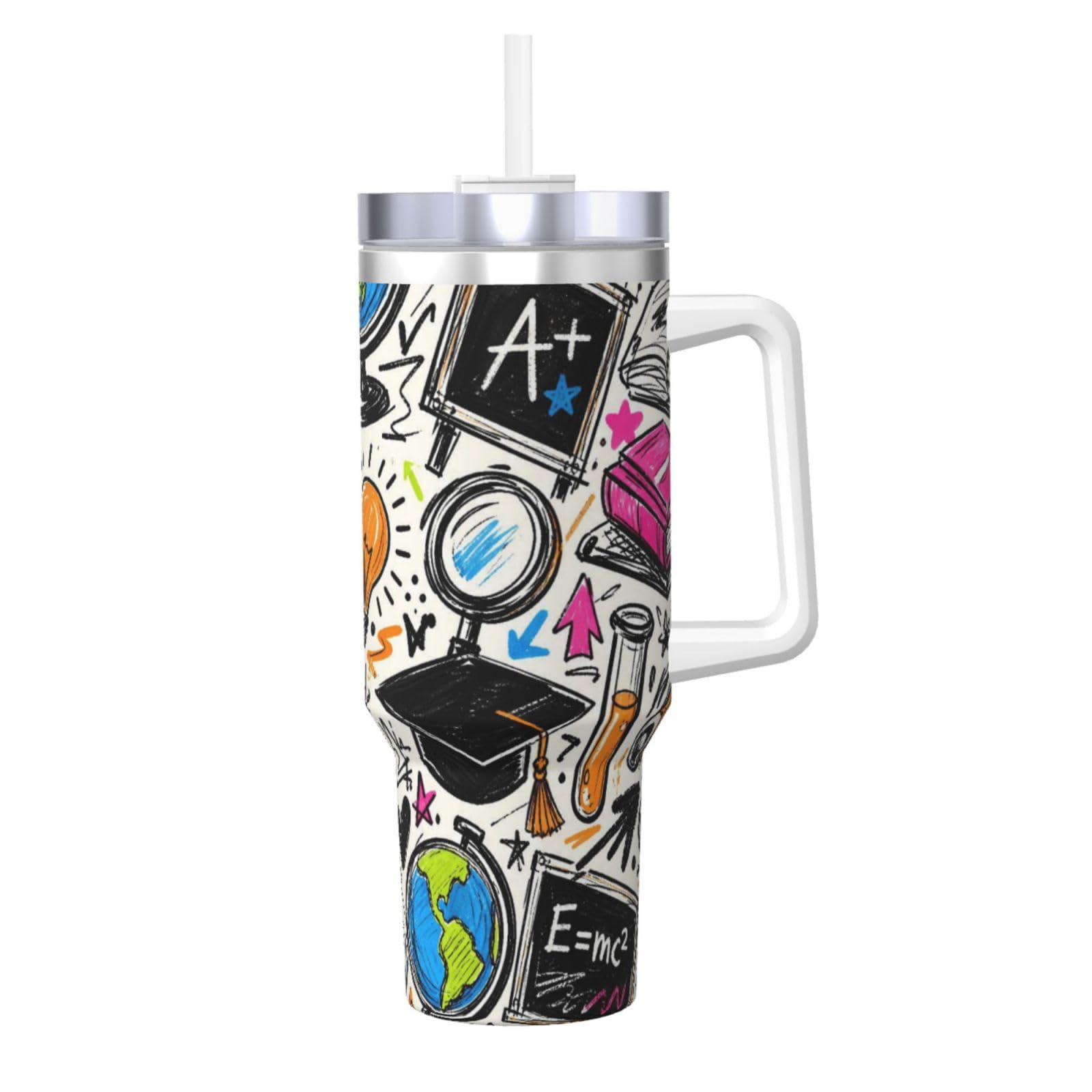 Vaso aislado de 40 onzas con asa Doodle Classroom Dreams y pajilla para café