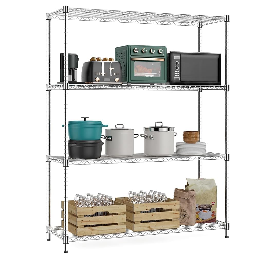 M MZG 4-Shelf Storage Unit With Height Adjustable Shelves and Levelling Feet Total Load Capacity 636 kg Heavy Duty Rack Wire Pantry Shelves for Tool Shed Garage Storehouse Chrome 40 x 115 x 150.8 cm