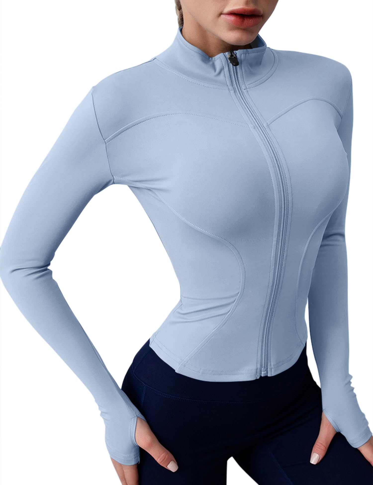 Rapbin Damen Laufjacke Sportjacke Langarm Gym Tops Yoga Fitness Shirt Atmungsaktive Sportjacke Reißverschluss Leicht Trainingsjacke mit Daumenloch