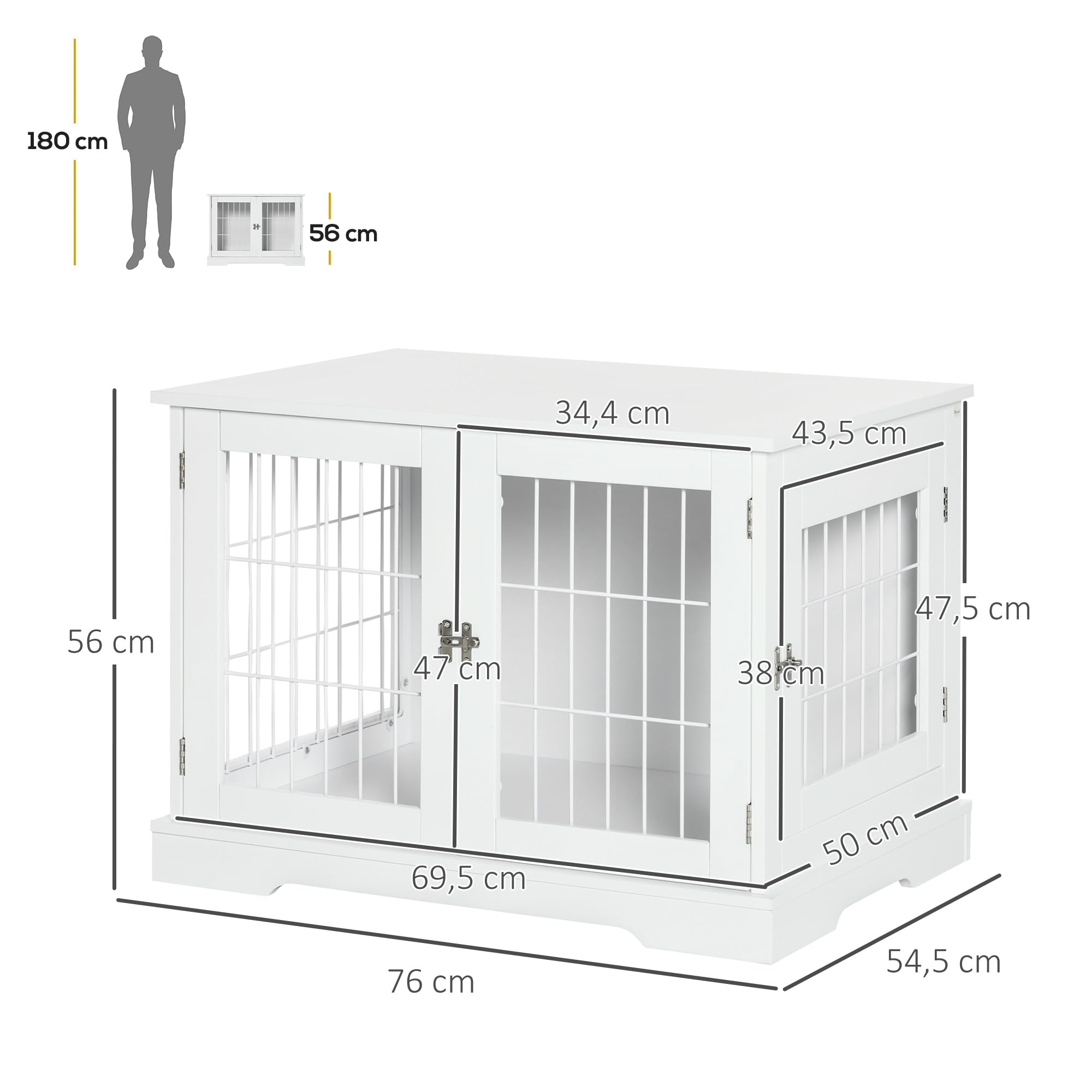 PawHut Jaula para Perros de Madera 76x54,5x56 cm Caseta para Perros con Mesa de Almacenamiento con Rejillas de Acero y 2 Puertas de Pestillo Blanco