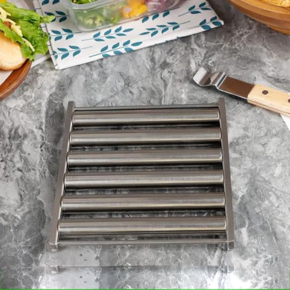 Srutueo Hotdog Roller Stainless Steel Sausage Roll Rack, Hot Dog Roller with Wooden Handle and 4 Hotdog Sticks Easy to Use