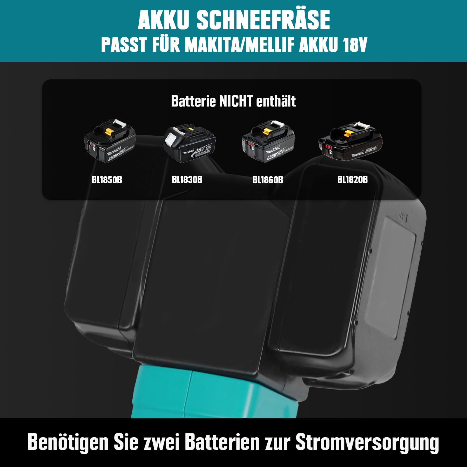 Mellif Akku Schneefräse für Makita Akku 18V x2, elektrische Schneefräse, 900W kabellos Schneebürste bis 20cm Räumhöhe, 8m Wurfweite, 33.5cm Arbeitsbreite, 30° Einstellbar (Akku Nicht Enthalten)