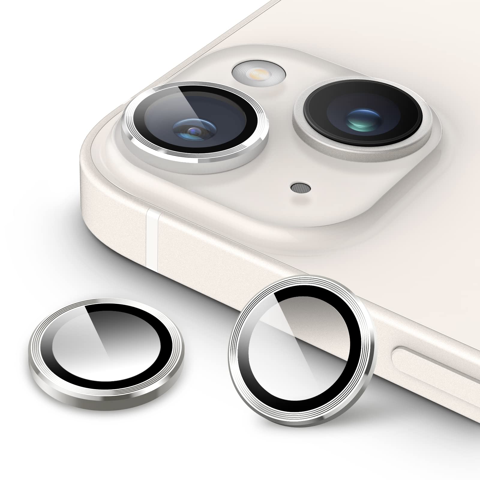 JETechCamera Lens Protector for iPhone 14 6.1-Inch and iPhone 14 Plus 6.7-Inch, 9H Tempered Glass Metal Individual Ring Cover, HD Clear, 2-Pack (Starlight)