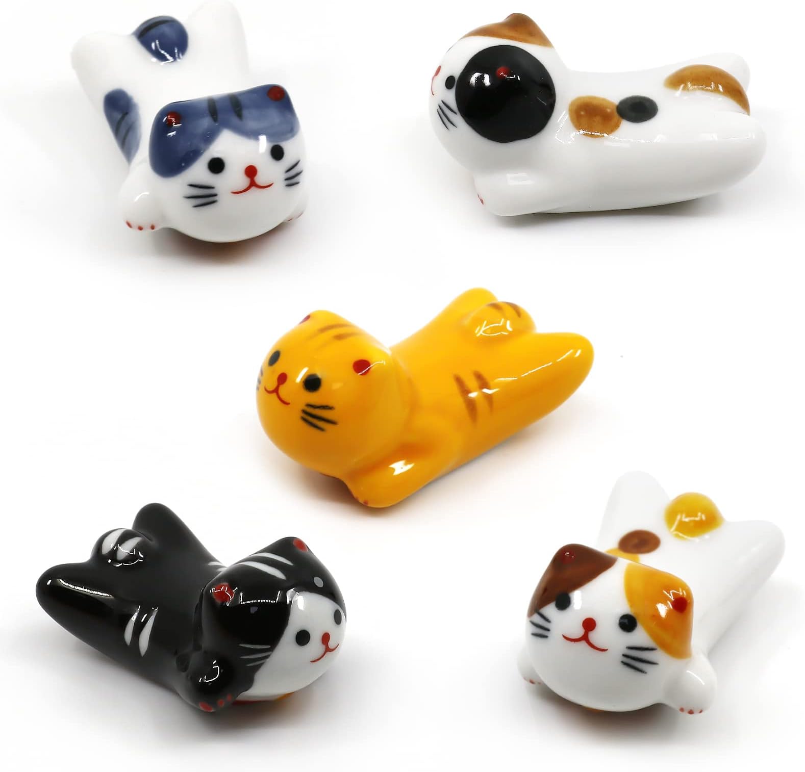 5 Pack Cat Chopsticks Rest Set, Chinese Paint Brush Rests, Japanese Style Porcelain Cute Lucky Cat Ceramic Chopsticks Holder Rack for Dinner Fork Spoon Knife Tableware, Home Kitchen Gift