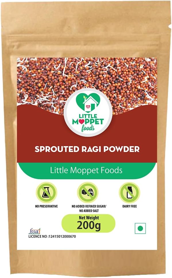 Little Moppet Foods Sprouted Ragi Powder | Made by a Doctor Mom |Hand Roasted in Small Batches| No Added Sugar, Salt,Milk or Preservatives |Calcium Rich |Nachni Flour|Ragisatva/Kodra/Taidalu/Kezhvaragu/Finger Millet Flour|200g