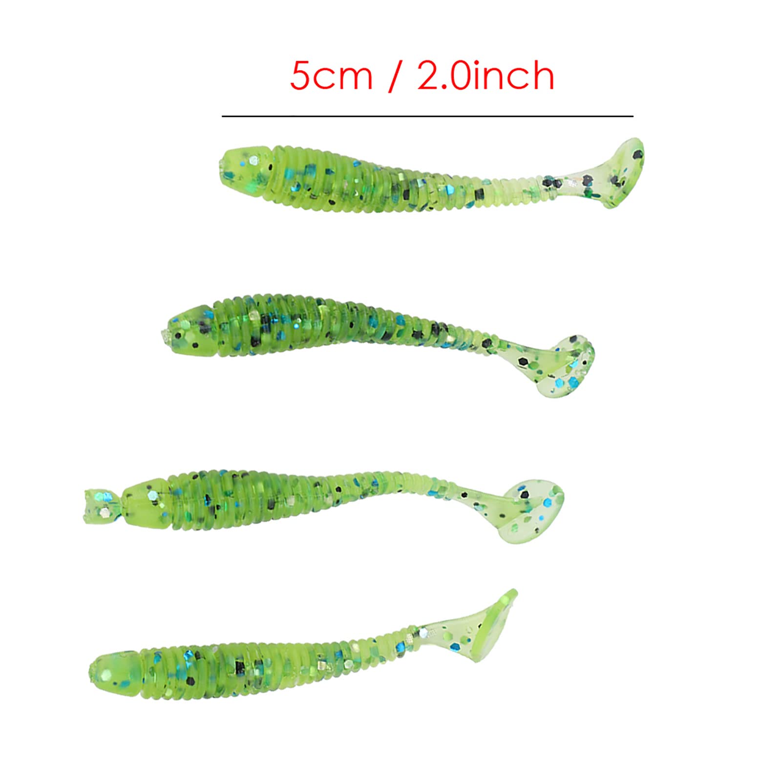 Leurres de Pêche en Plastique Souple, 50 Pièces 5 Cm Appâts de Ver de Ver de Queue en T Mélangés pour la Pêche au Saumon de Truite d'eau Douce d'eau Salée (Cyan