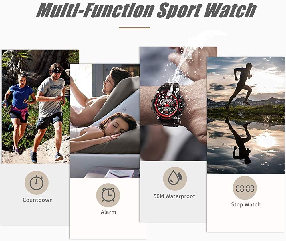 MASTOP Montre numérique pour homme - Étanche jusqu'à 50 m - Double cadran - Multifonctions - Analogique - Militaire - Sports de plein air - Étanche