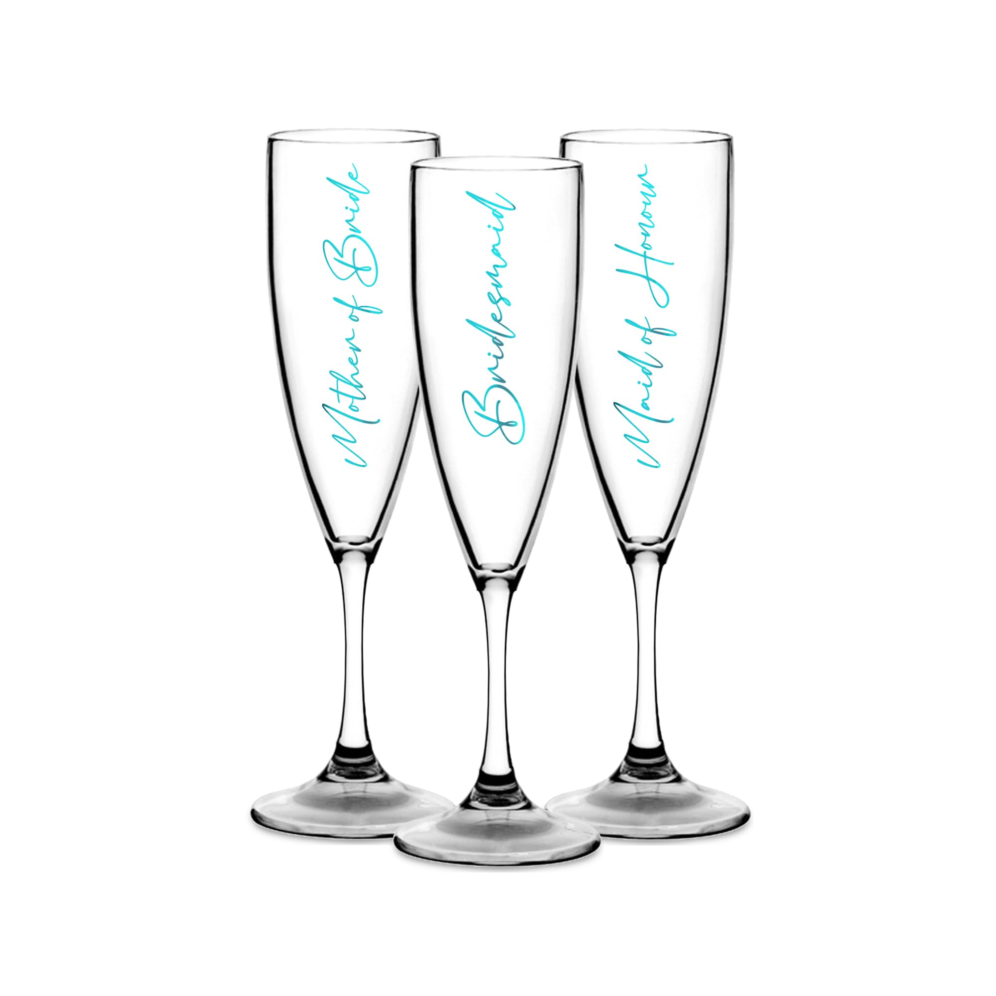 Print Maniacs Champagne Premium Clear Flute Glass Bride Groom Mr Mrs Wedding Maid Honour Wine Cocktail Prosecco Celebrations Gift (Teal, Set of 3 Bride Side Set)