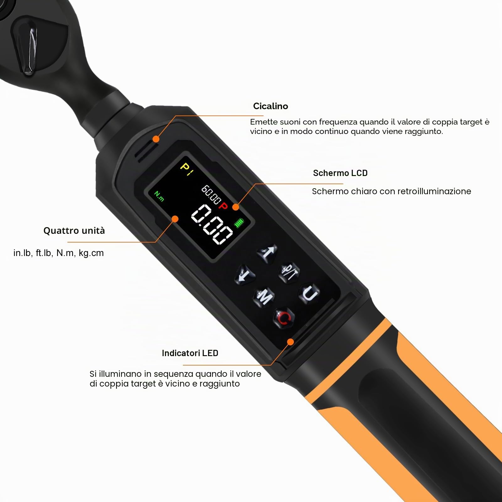 Chiave Dinamometrica Digitale 3/8" Drive, 0,9-60 Nm – Precisione ±1%, 5 Unità (in-lb/ft-lb/Nm/kg-cm/kg·m), con Cicalino e Allarme LED – Per Bicicletta, Moto e Auto