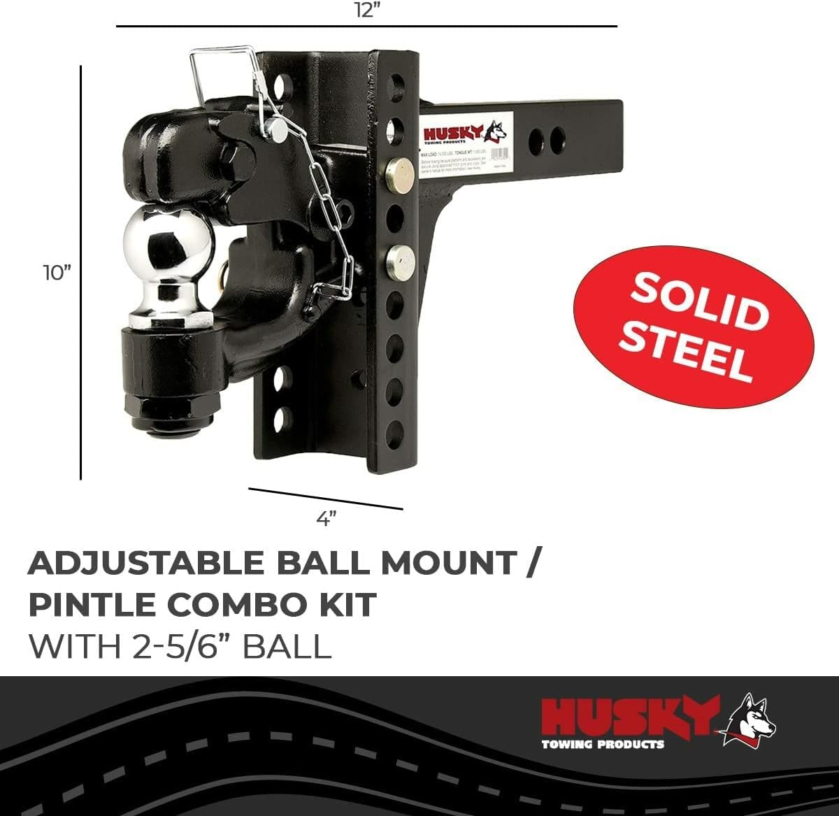 Husky Towing 33110 Pintle Hook with 2-5/16 Inch Ball 2 Inch Receiver Mount 13,000 lbs Hook Capacity Black Powder Coated Steel Solid Shank