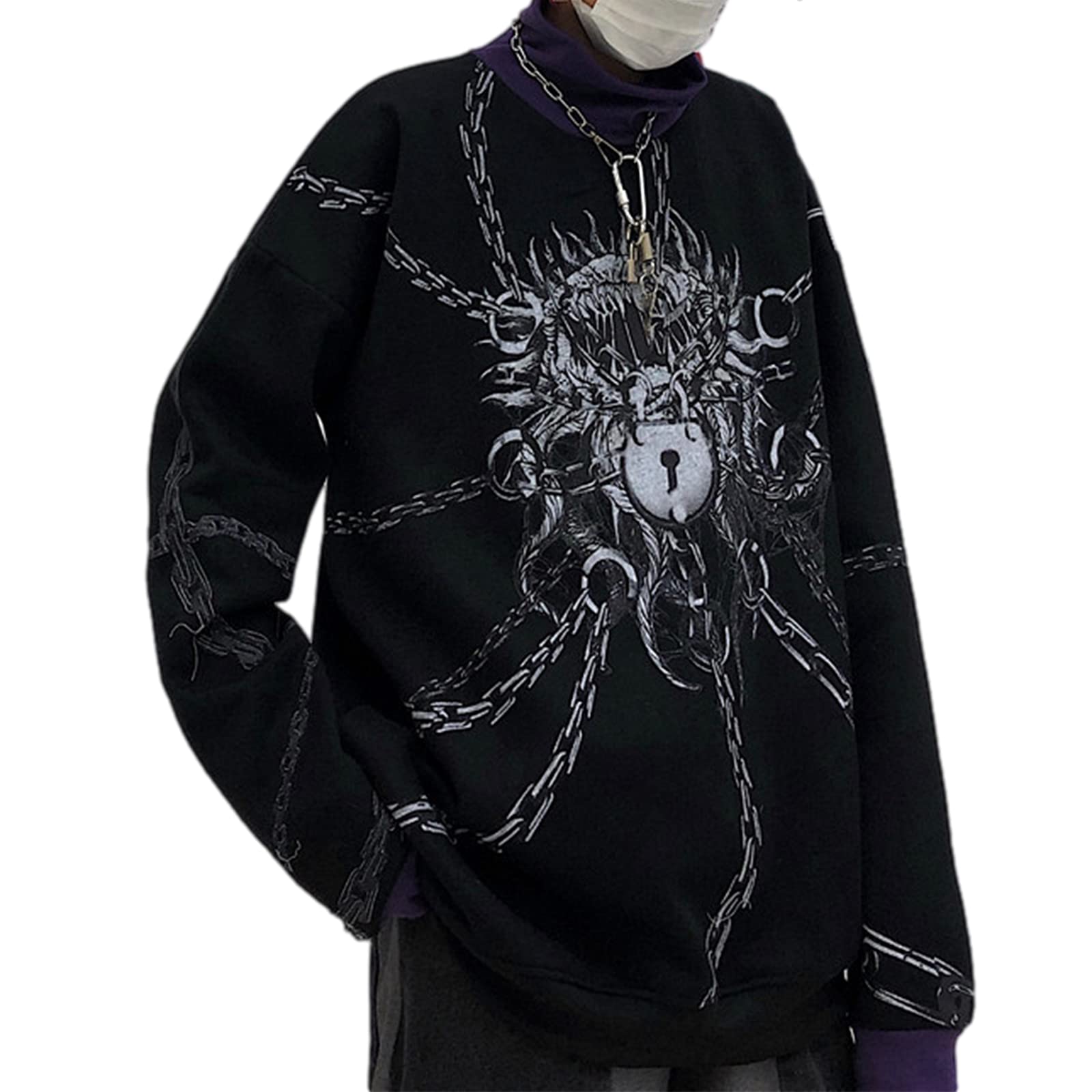 MadgerCasual Turtleneck Sweatshirt Harajuku Dark Punk Tops Chain Printed Long Sleeve T-Shirts Graphic Pullover Couple Outfit