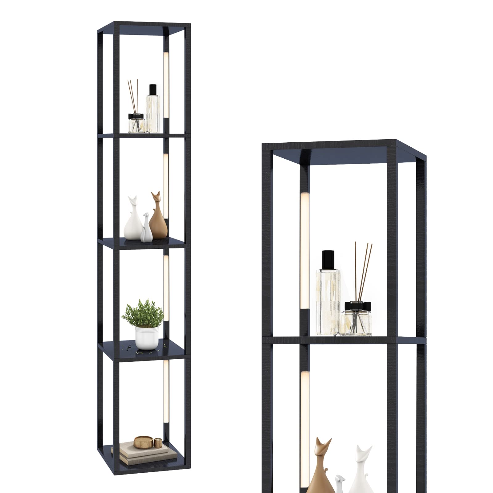 HOMASIS Lampada da Terra a 4 Ripiani in Legno, Piantana Led con 3 Livelli di Luminosità Regolabili, Angoliera Soggiorno con Palo Luminoso Rotabile a 360° per Salotto, 29 x 29 x 163 cm (Nero)
