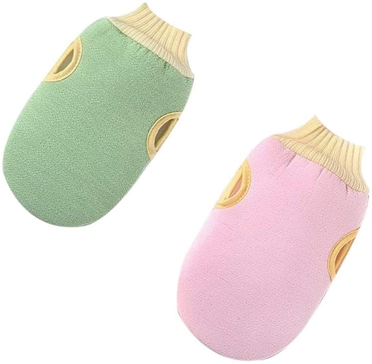 KASTWAVE 2 Pack Exfoliating Gloves Body Scrub Exfoliator Eraser Mitt Loofah Body Exfoliation Mitt Scrubbers Exfoliate Arms Legs Face Cloth Cleansing Gloves for Bath (Green + Pink)