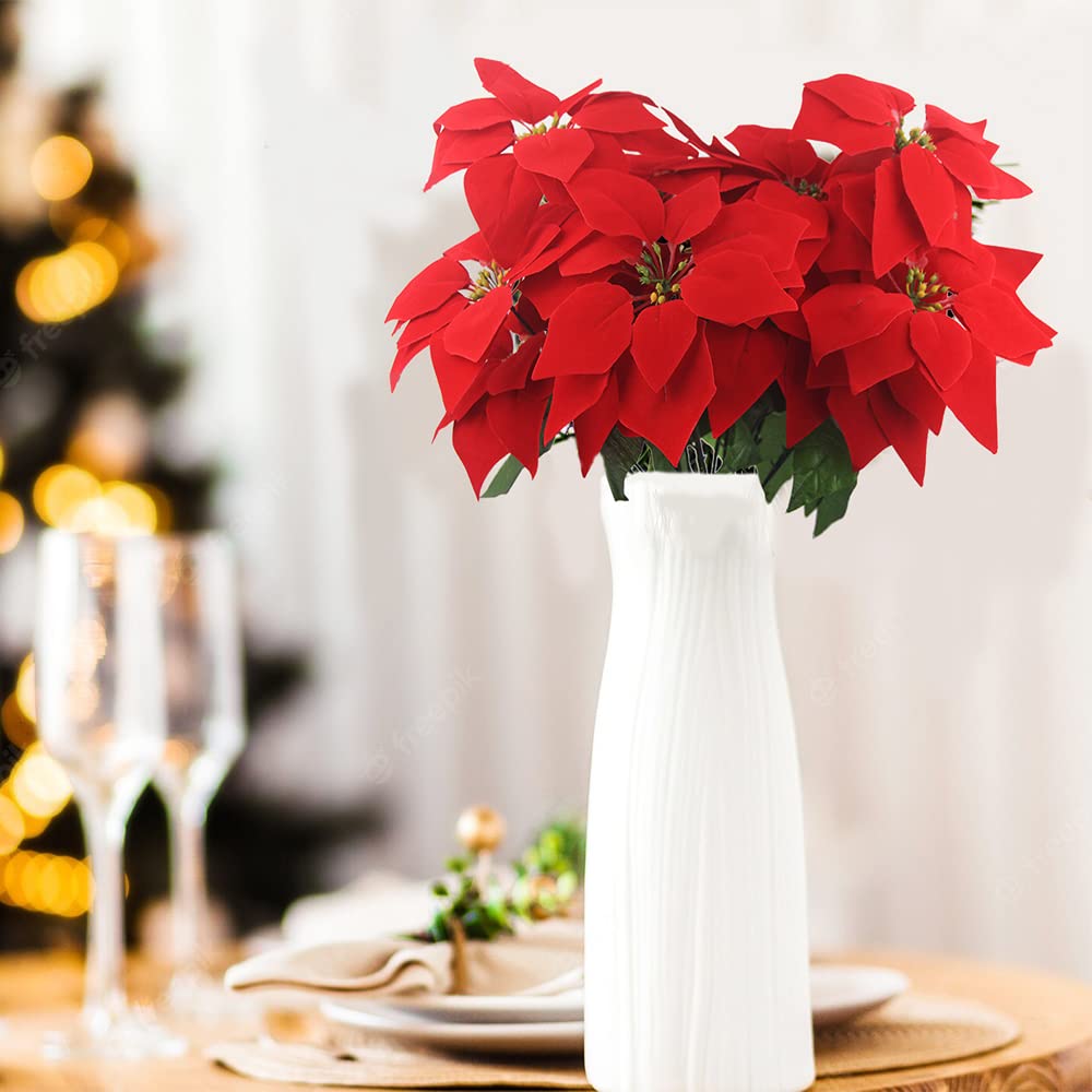 FERIAL 2 Stück Weihnachtsstern-Blumen, künstliche Weihnachtsblumen, rot, 5 Köpfe, Seide, Weihnachtsstern, Blumenstrauß, künstliche Blumen für Weihnachten, Party, Urlaub, Blumenarrangements,
