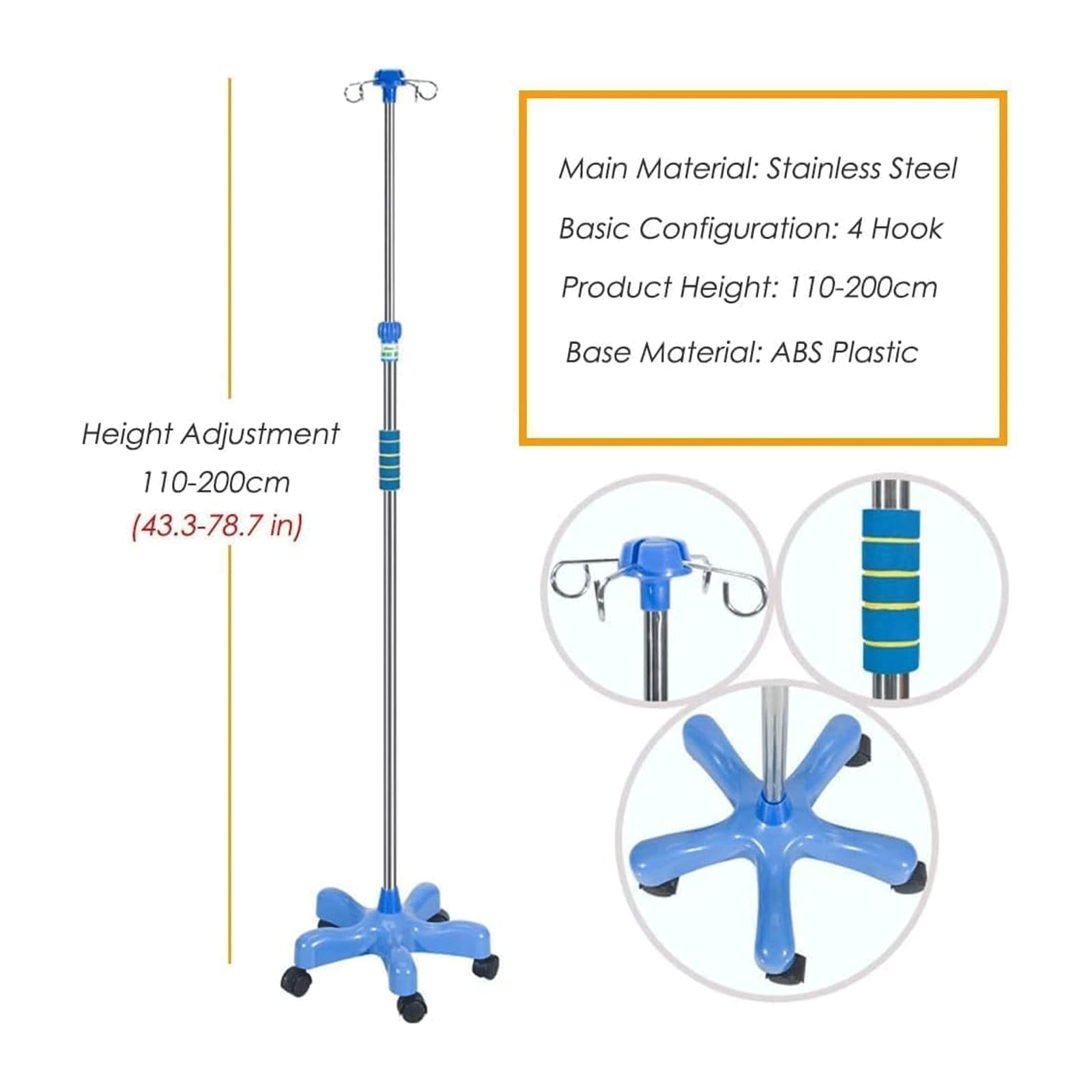 Supporto per flebo di Sollevamento Aste per flebo in Acciaio Inossidabile Altezza Regolabile 110-200 cm Portasacca per flebo Supporto per flebo con rotelle con Ruote, 4 Ganci