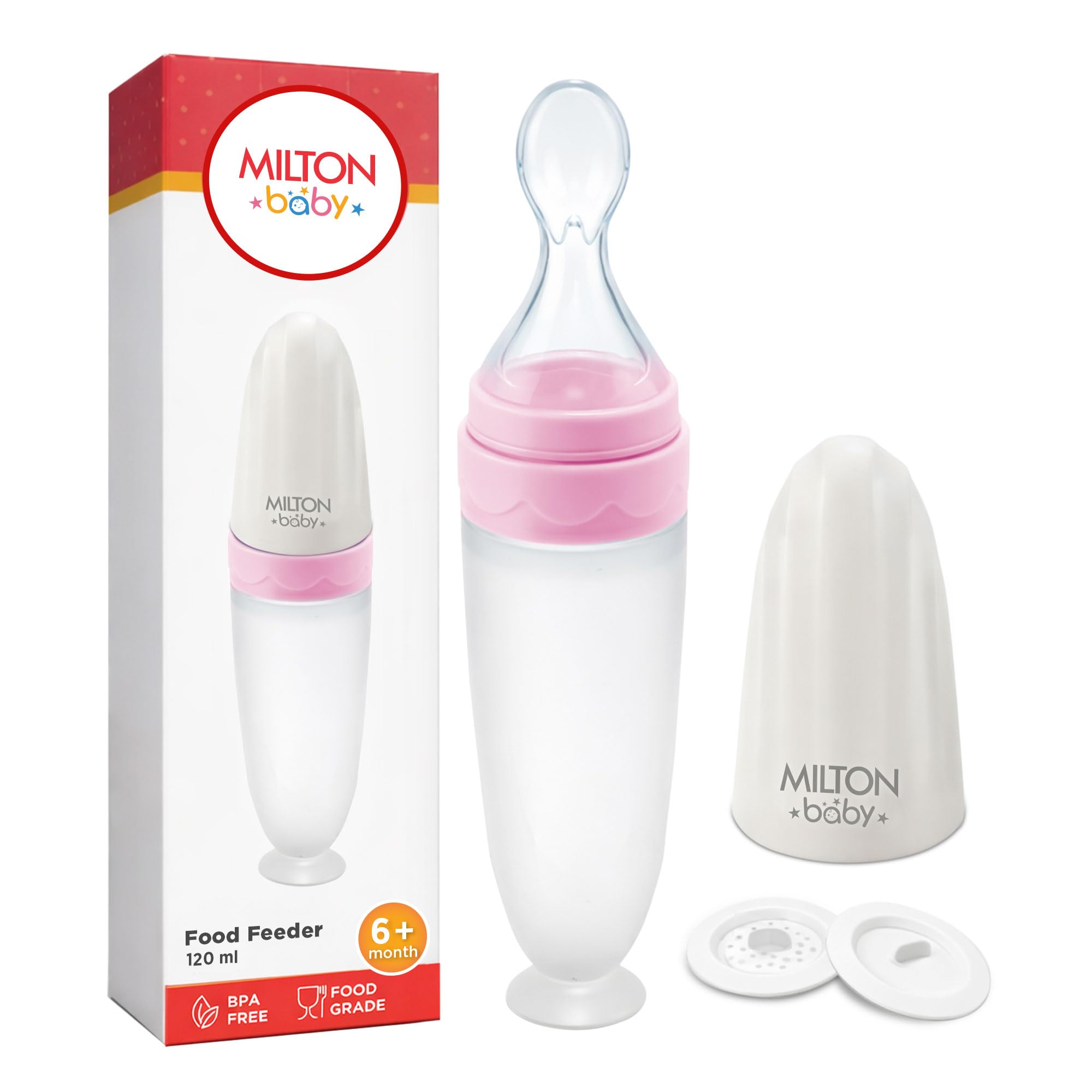 Silicone Spoon Food Feeder I BPA Free-Food Grade I Anti-Spill Suction Base I Removable Strainer - Spill Proof Cap I Travel Friendly I for Puree and Semi Liquid Food I Light Pink