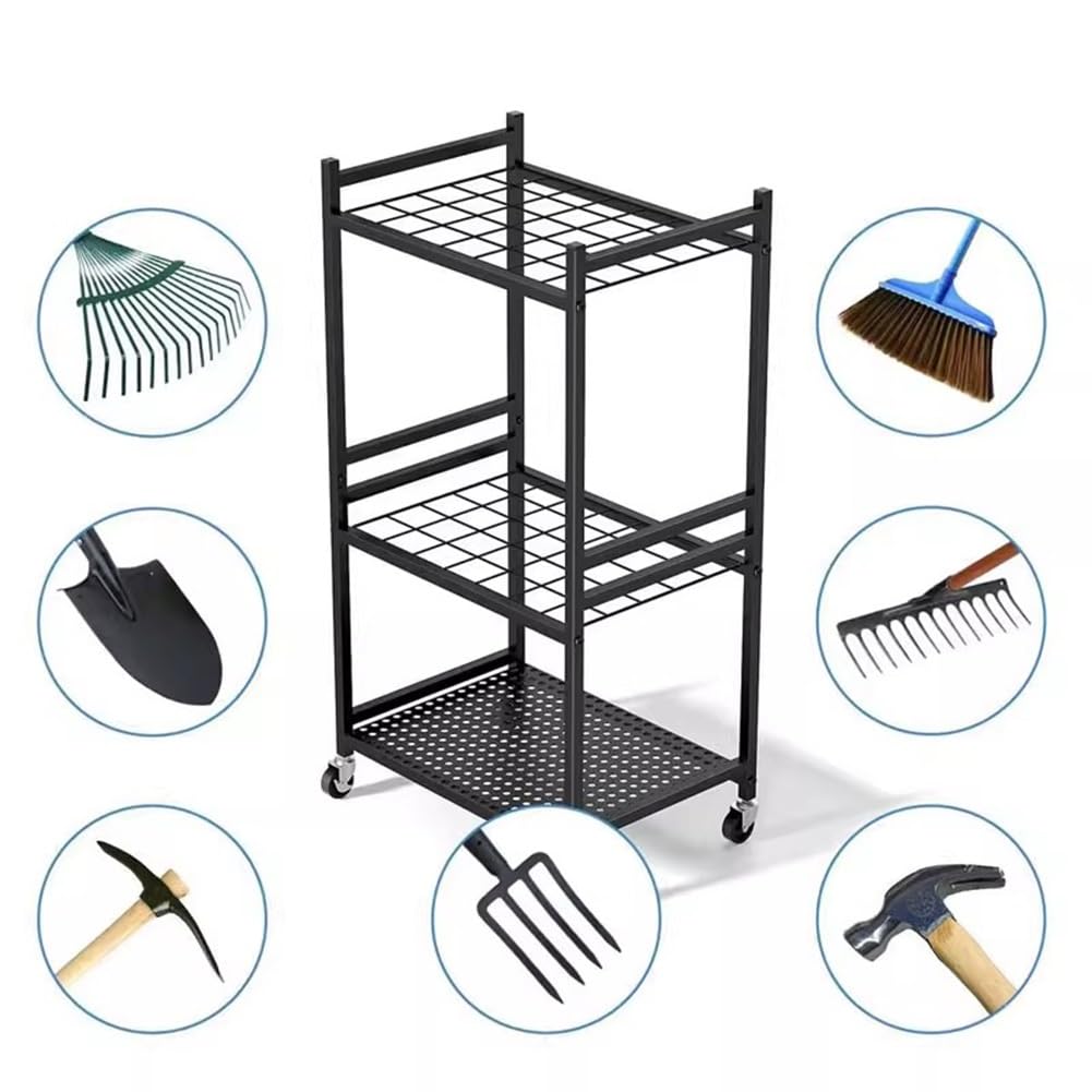 Organiseur d'outils de jardin pour garage, étagère à outils électriques, porte-outils avec 3 crochets, chariot à roulettes