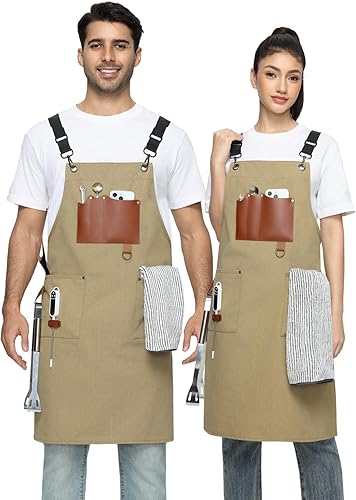 Miniatura 2 de Delantales de chef para hombres profesionales, 3 bolsillos espaciosos, delantal de barbacoa para hombres y mujeres, espalda cruzada ajustable