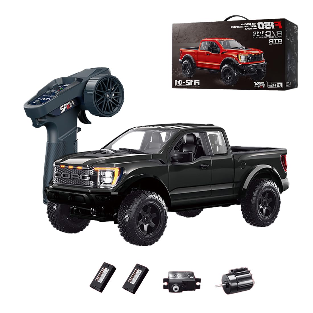 RCXTechPro 1:12 Scale F-150 Raptor 4WD RC Truck Off Road Pickup Remote Control Car with High Speed Motor, LED Lights, Independent Suspension (R12-01Q/Black/2 Battery)