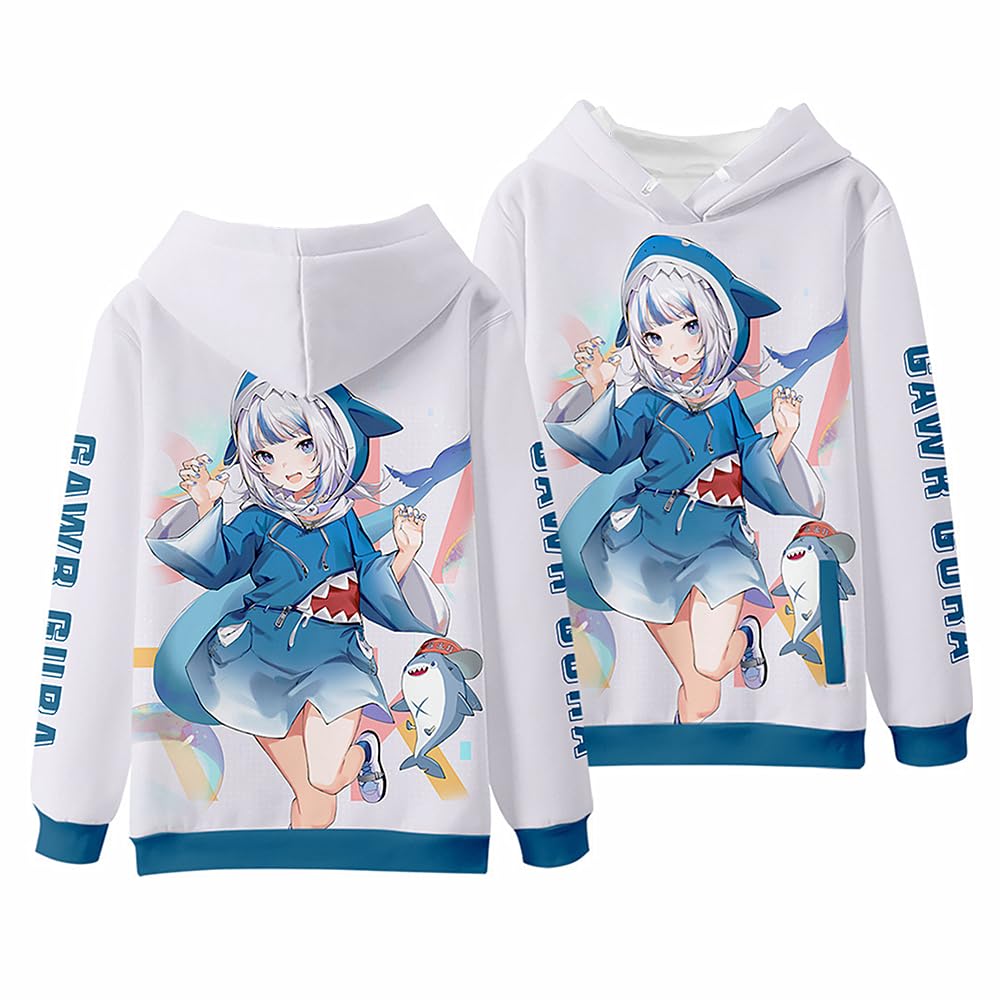 Charous Unisex White 2 Anime Virtual Anchor Gawr Gura Cosplay Cartoon Print Hoodie, Casual Sweatshirts Used For Gura Fans Gift