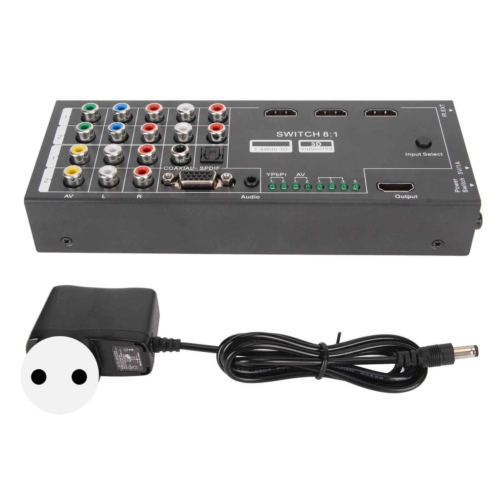 Convertitore HDMI, Adattatore Audio 1080P con 2 X YPBPR, 2 X AV, 1 X VGA, 3 X Ingresso Segnale HDMI a HDMI, COASSIALE, Uscita SPDIF, per Set Top Box HDTV Conferenza DVD (Spina europea AC100‑240V)