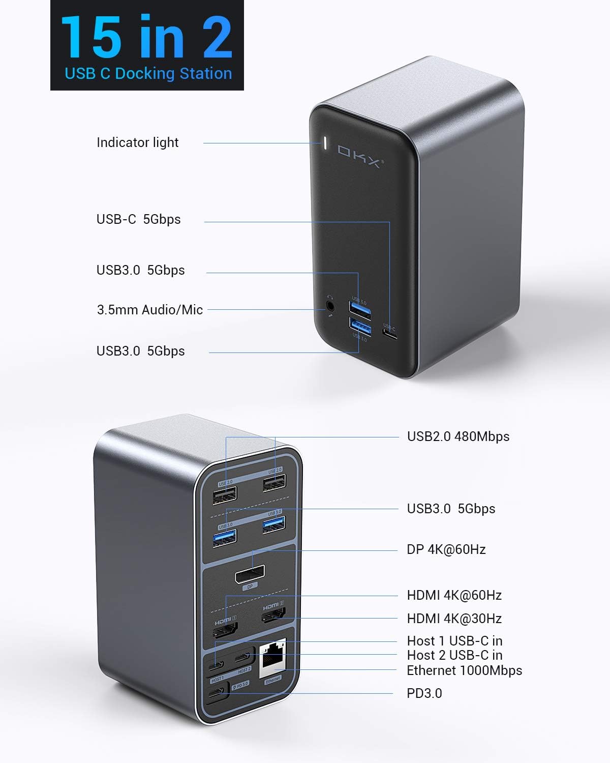 Best Seller USB C Docking Station Dual Monitor for MacBook Pro& MacBook Air, 15-in-2 Triple Display Docking Station with 6USB, USB-C, LAN, 3.5mm Audio/Mic, 2 HDMI 4K@60Hz, DP, PD3.0, Extended Display for macOS (black)