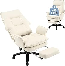 Big and Tall Office Chair 400lbs, Reclining Executive Office Desk Chair with Foot Rest, Leather High Back Office Chair with Upholstered Backrest and Seat for Heavy People,Beige
