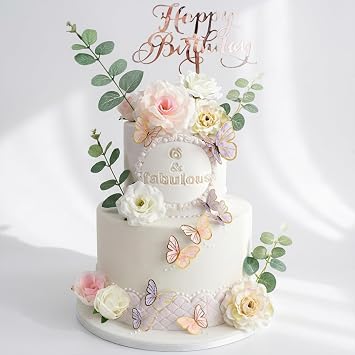 33 Piece Cake Decorations Set with Acrylic Birthday Topper - Floral & Butterfly Non-Edible Cake Toppers for Parties, Wedding, Anniversary - White Elegant Cake Decor
