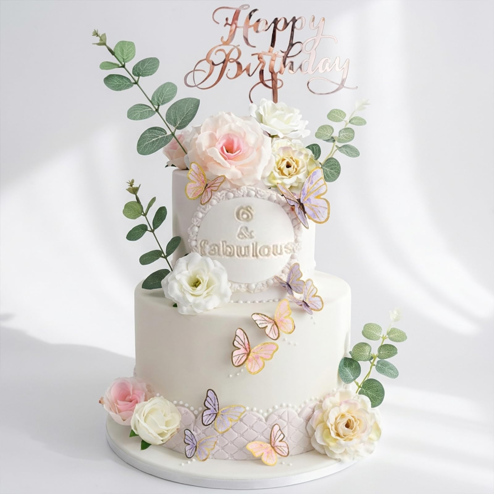 33 Piece Cake Decorations Set with Acrylic Birthday Topper - Floral & Butterfly Non-Edible Cake Toppers for Parties, Wedding, Anniversary - White Elegant Cake Decor