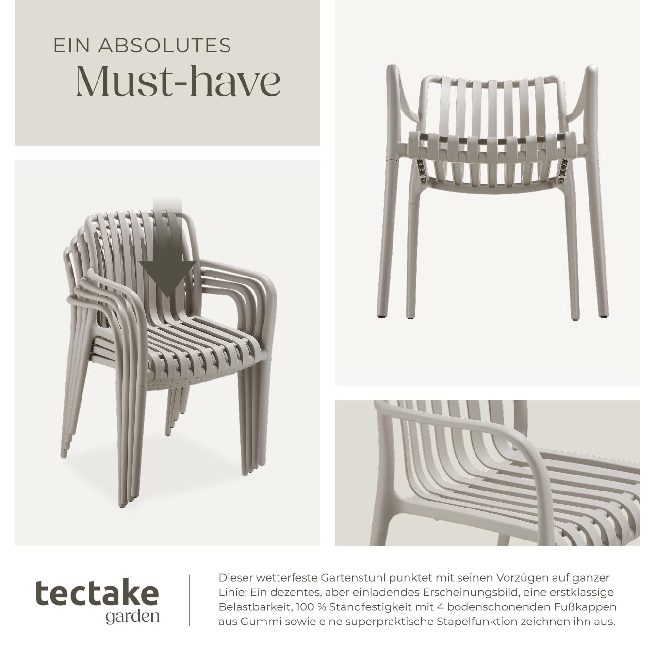 tectake® Gartenstühle stapelbar, Gartenmöbel Set, Balkon Möbel, Bistro Set, Sessel, Outdoor Möbel, Balkonmöbel, Terrassenmöbel - Taupe, 4er Set