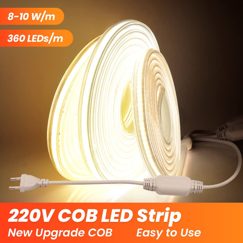 XUNATA Striscia LED COB Flessibile 220V, IP65 Impermeabile, Nastri LED ad Alta Luminosità da 360 LED/m con Cavo di Alimentazione (12m, Bianco Freddo, 6000K)