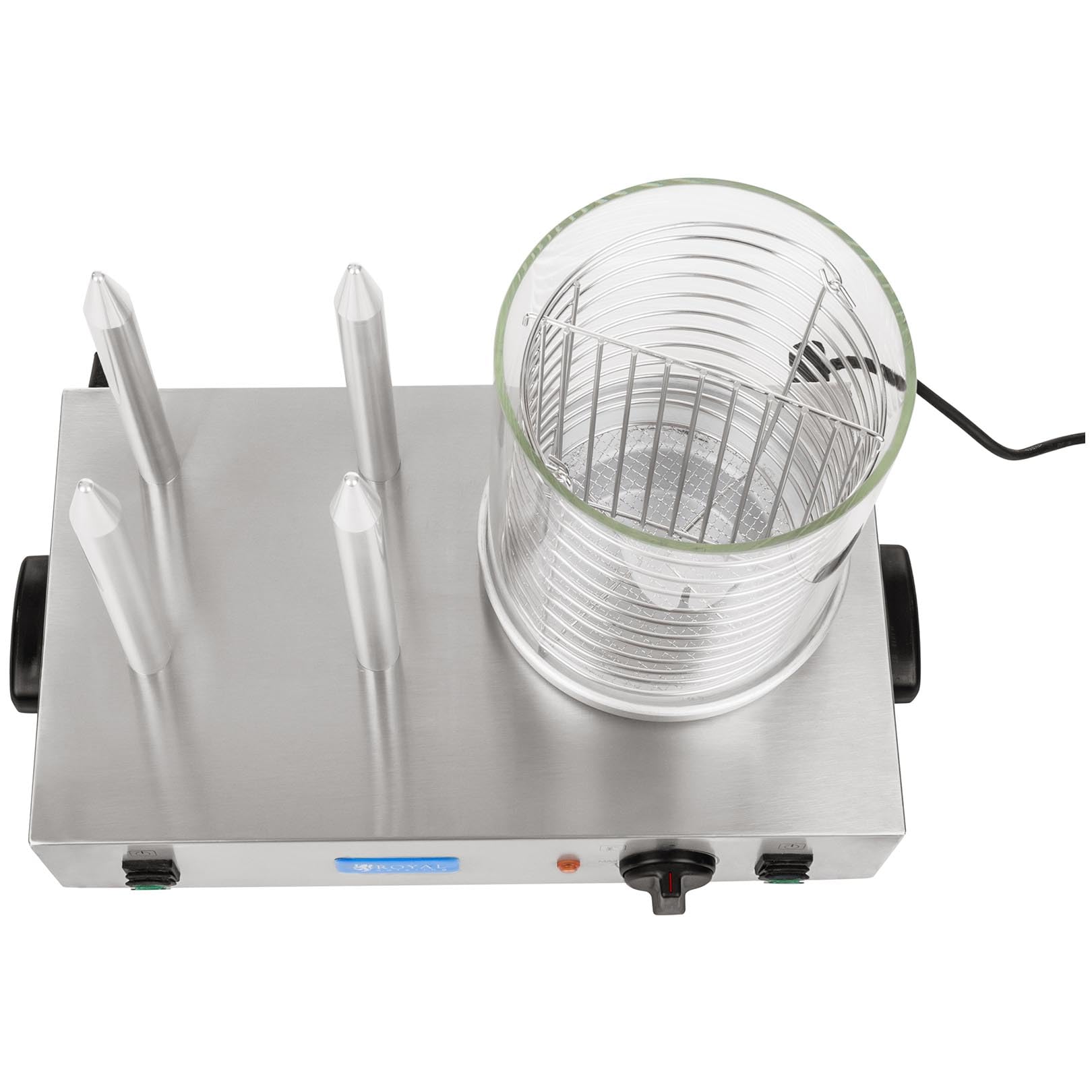 Royal Catering Hot Dog Maschine Gastro Hot-Dog Maker Professionell RCHW 2300 (Leistung 1100 Watt, Temperatur 0-95 °C, Zylinderhöhe 24 cm, Zylinderdurchmesser 20 cm, 4 Toaststangen)