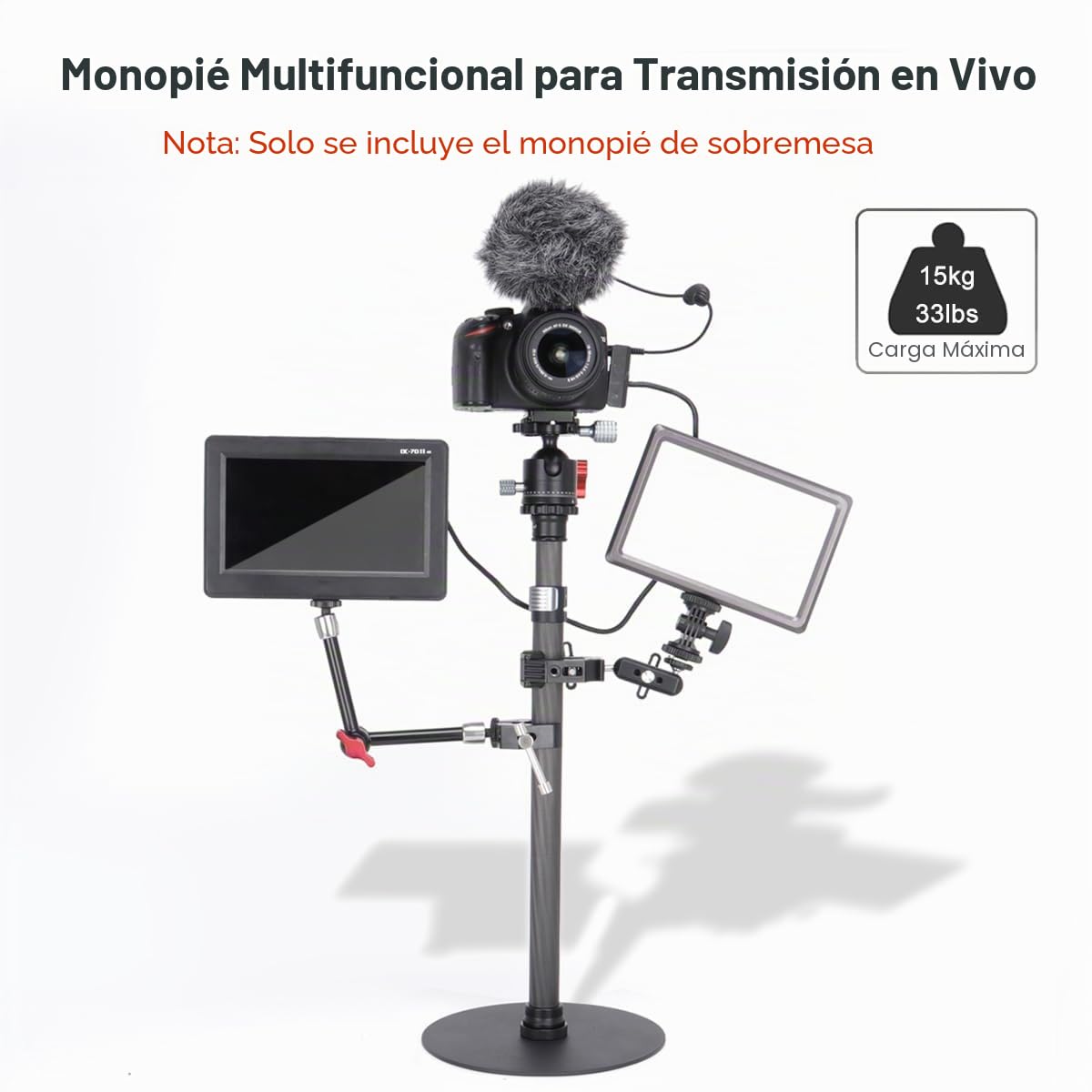 Koolehaoda Soporte monopié para escritorio, soporte de mesa ajustable de 16 a 28 pulgadas con base pesada, soporte de montaje monopié de fibra de carbono para cámara DSLR, luz, cámara web, transmisión
