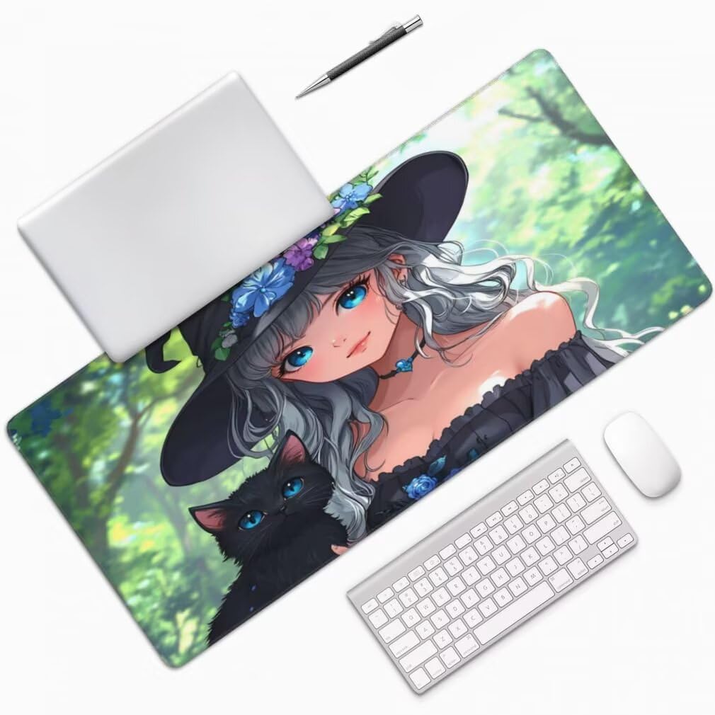Tappetino Mouse XXL 1000x500mm Anime Grande Mouse Pad, Tappetino Scrivania Grande Mousepad Gaming con Bordi Cuciti, Tappeto Scrivania con Base Antiscivolo per Ufficio e Casa (Gatto Fata) -MP1566