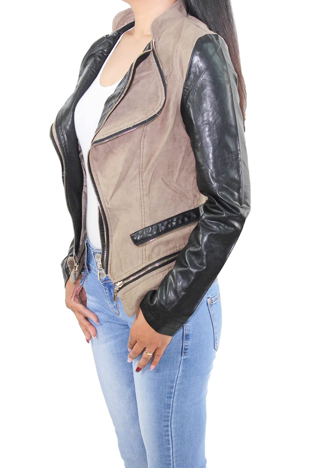 Damen Kunst Lederjacke Wildleder Look Biker Jacke Übergangsjacke
