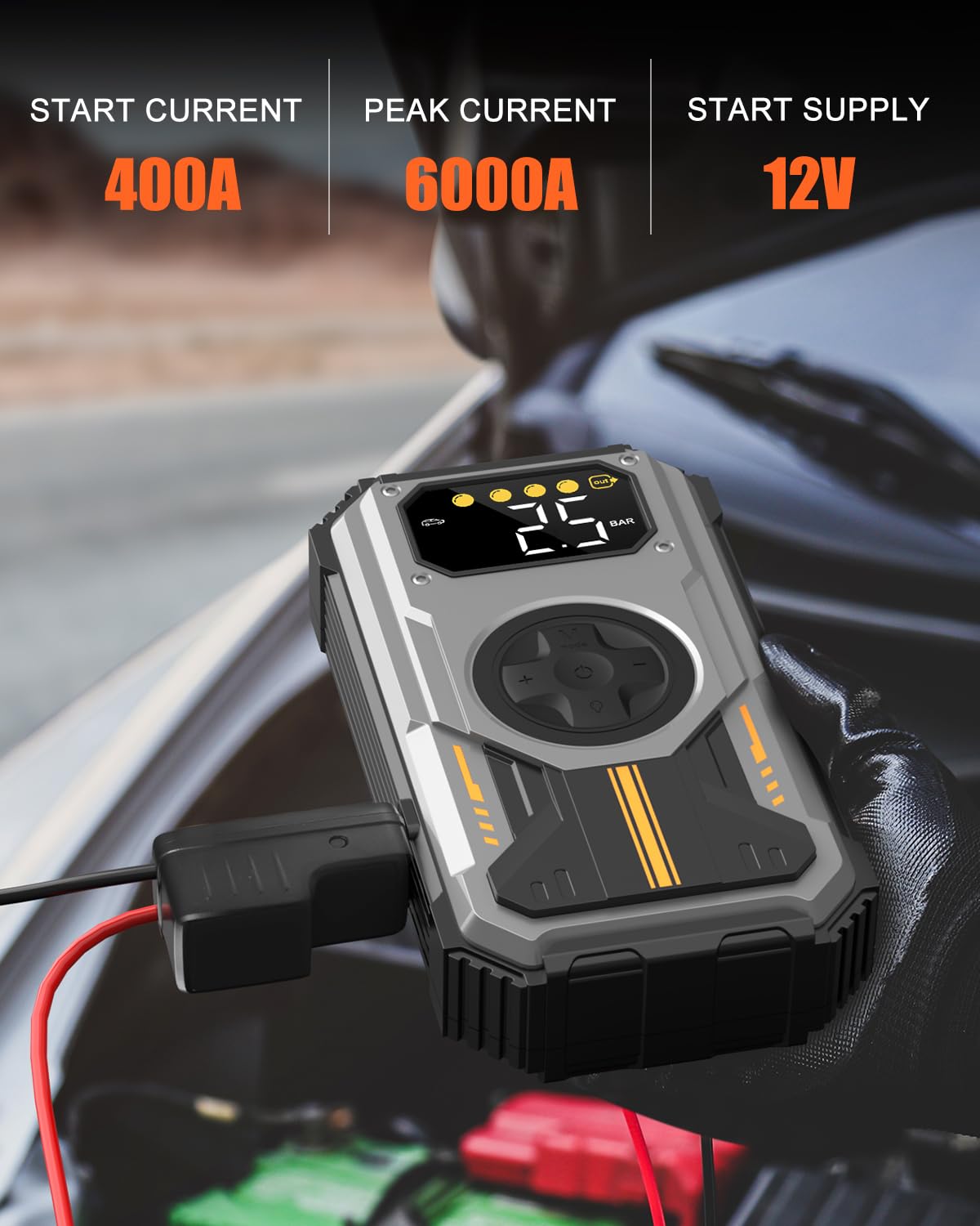 Eigotrav Avviatore Batteria Auto con Compressore 150PSI 6000A Avviatore Emergenza per Auto (Fino a 7,5L di Benzina/6,0L di Gasolio) 12V 3 Modalità Torcia Ricarica USB Booster Avviamento Auto Portatile