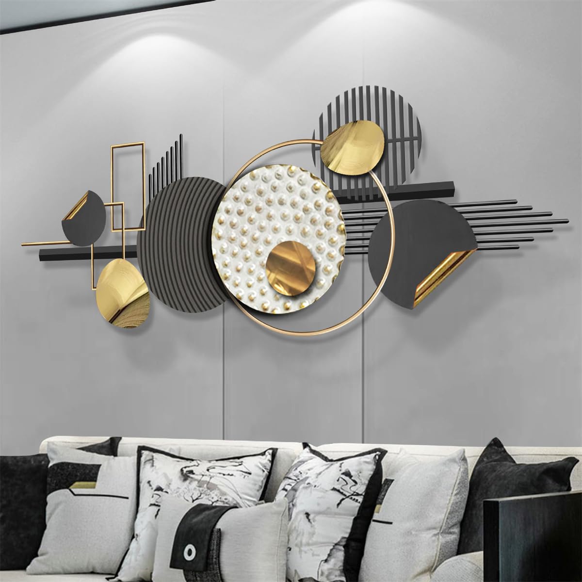 Arte de pared de metal grande en 3D, negro y dorado, decoración pared metal bohemio, esculturas pared metal circulares geométricas creativas modernas, decoración abstracta para el hogar,150 x 60 cm