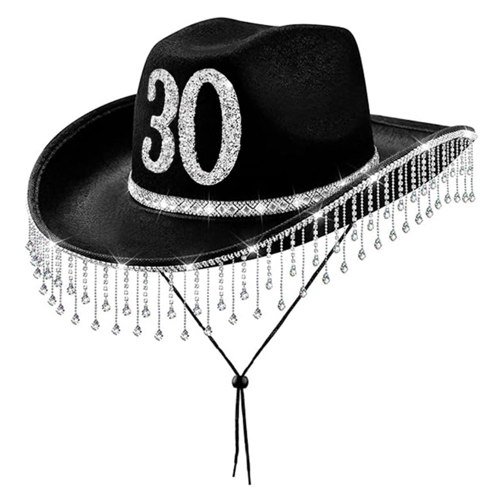 JanJean Western Cowboy Hat with Glitter Rhinestone Tassel Decor 30th Birthday Cowgirl Hat for Women Party Accessory Black One Size