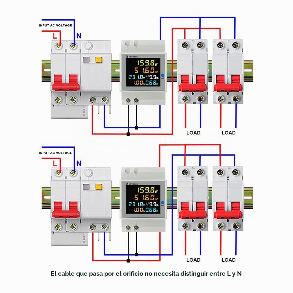 KETOTEK Medidor de Energía Digital 6 en 1 AC40-300V 100A Voltímetro Amperímetro Carril Din, Contador Eléctrico Monofásico Medición del Consumo de Voltaje Corriente Factor de Potencia Frecuencia