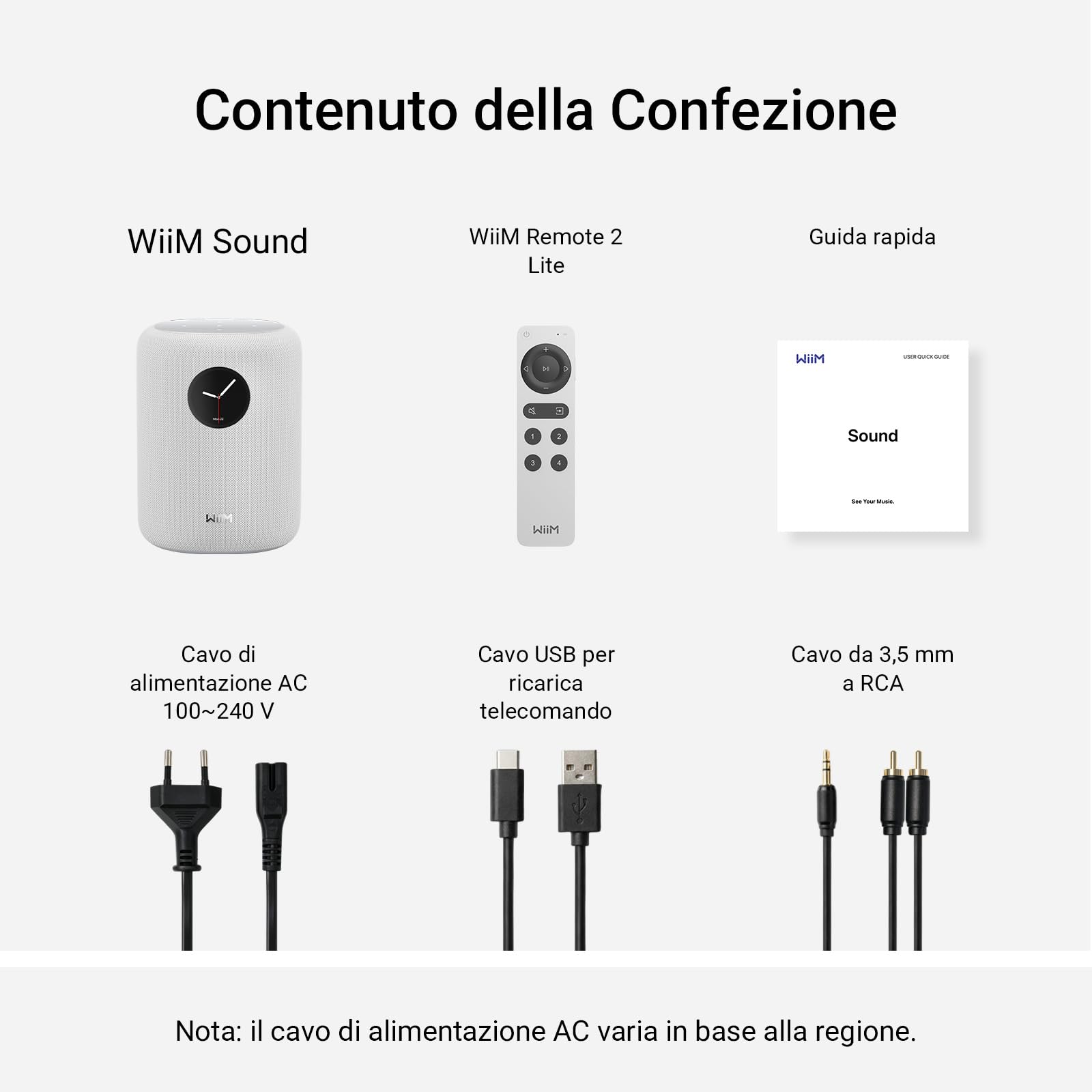 WiiM Sound altoparlante intelligente con display touch 1,8″, audio Hi-Res 24-bit/192 kHz, AI RoomFit™, 100 W, Wi-Fi 6E/Bluetooth 5.3, multi-room/stereo, telecomando incluso, Bianco
