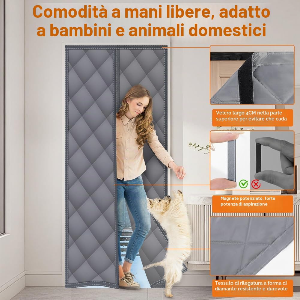 flintronic Tenda per Porta Inverno Termica, 140 * 240CM Tenda Termica Isolante Freddo, Resistenza al vento, Chiusura Automatica a Calamite per Balcone Soggiorno Cantina