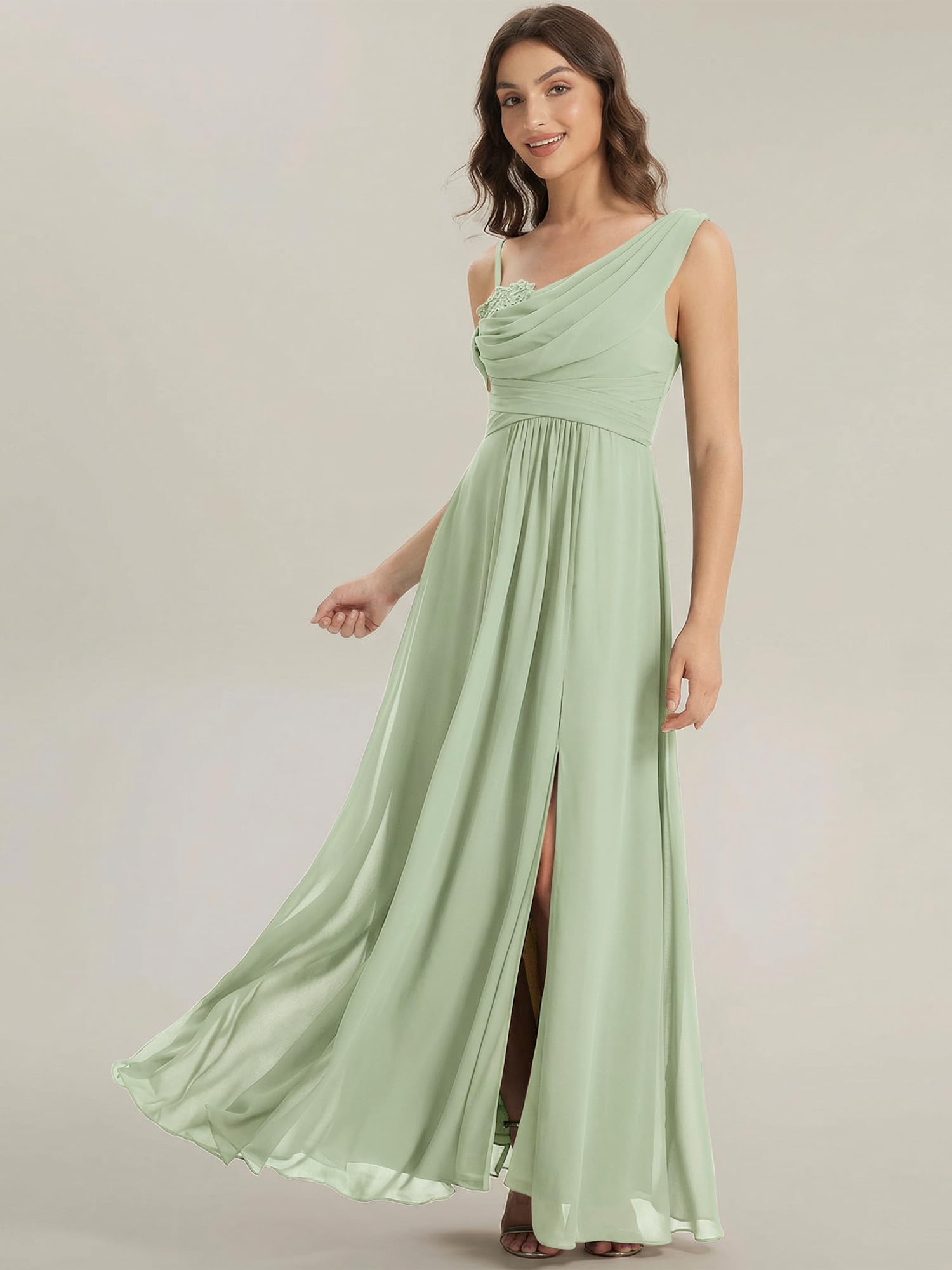 Ever-Pretty Abiti da Damigella Collo Asimmetrico Maniche Corte Chiffon Maxi Gonna Svasata ES02663