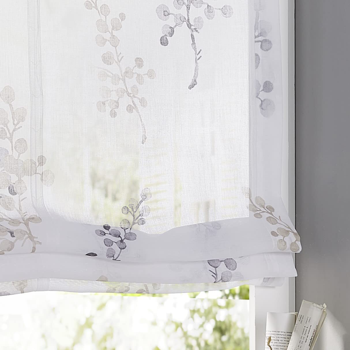 Store bateau imprimé semi-transparent avec crochet de fenêtre en acier inoxydable - Montage pratique sans perçage - Filtre de lumière - Motif taupe - Dimensions 60 x 140 cm