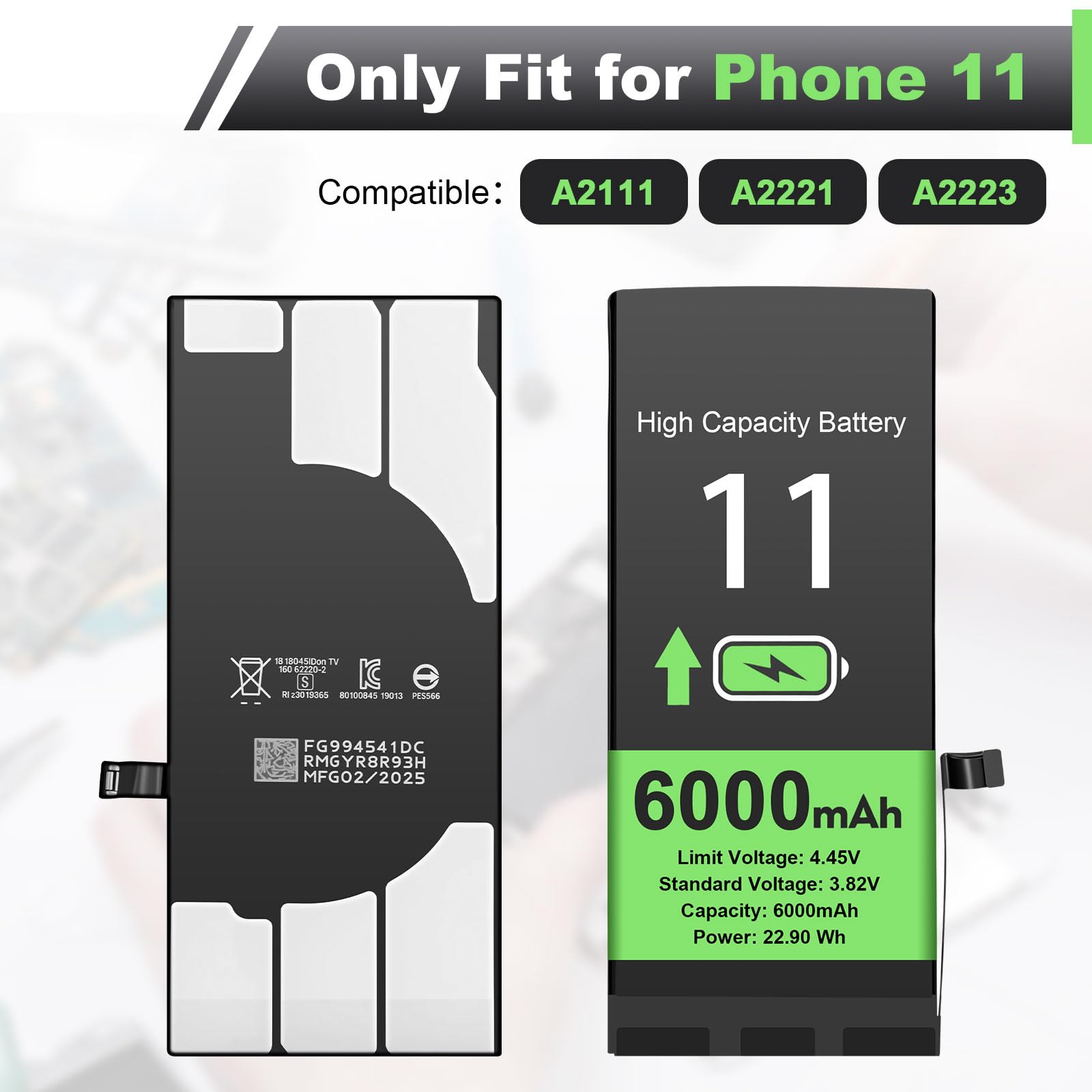 Akku für iPhone 11, 6000 mAh Hohe Kapazität Lithium-Polymer-Akku mit Reparaturwerkzeug,Ersatzakku Kompatibel mit iPhone 11 Modell A2111/A2221/A2223