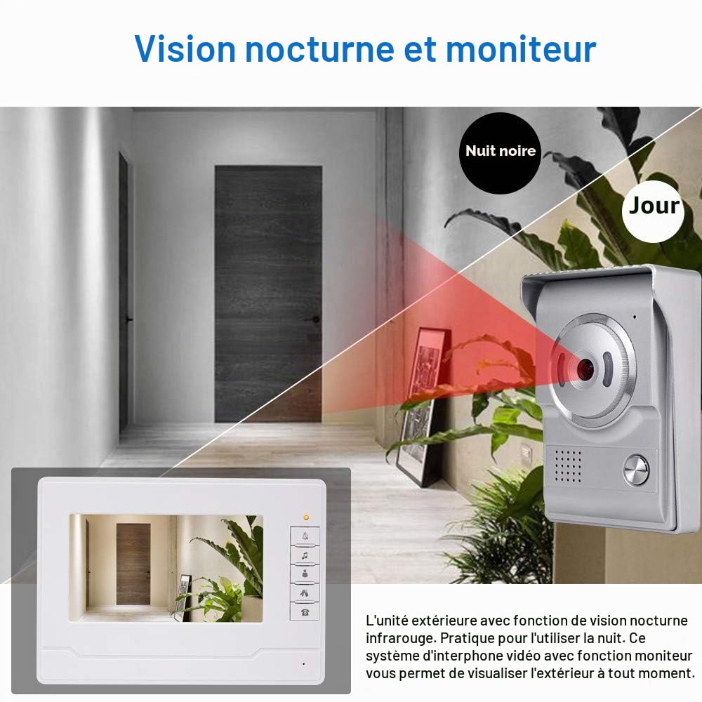 KDL Video Intercom Système d'interphone vidéo Intelligent Téléphone de Porte vidéo Sonnette 7 Pouces, Caméra IR extérieure étanche avec Moniteur pour la Maison (1 Moniteur)