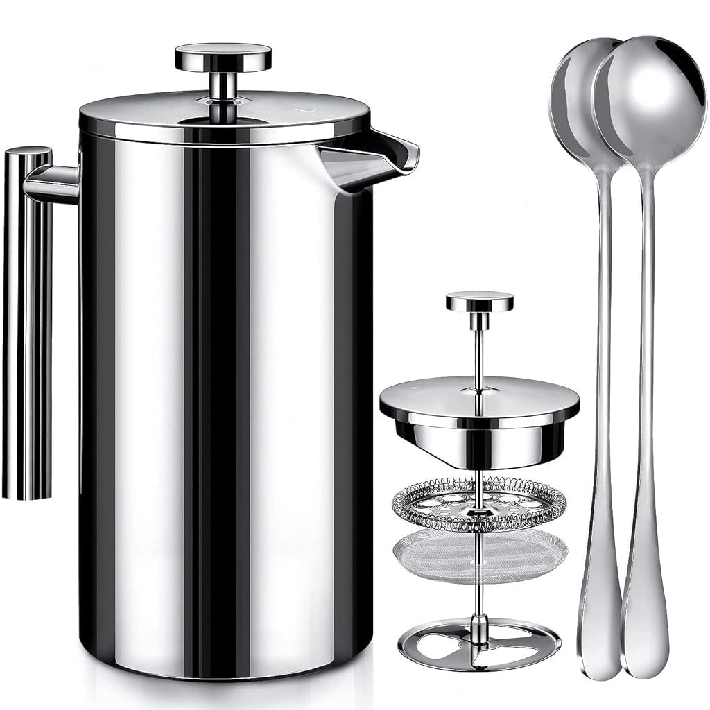 SupvoxFrench Press Coffee Maker, 1000ML Coffee Double Layer Filter French Press Coffee Maker, with 2 Spoon and Premium Filtration System French Press, Stainless Steel Coffee Maker for Dishwasher Safe