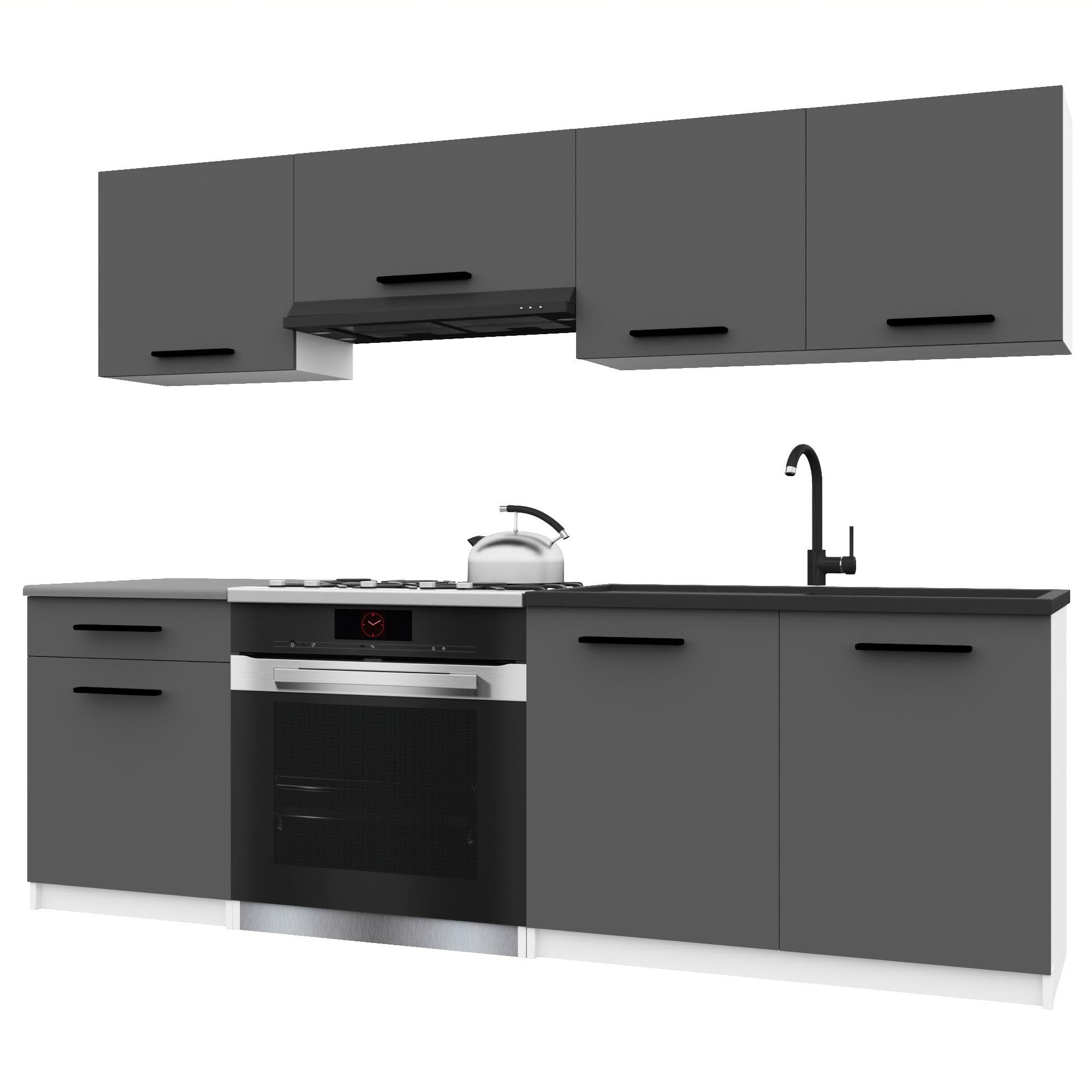 Belini Italia 1 Küchenzeile Küchenblock 180cm Grau Matt | Küchenset als gerade Küchenzeile, weiße Korpusse, DECOR ECONATURA Material, kratzfest, ohne Elektrogeräte, mit Arbeitsplatte