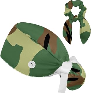 FVQL 2 Pieces Surgical Cap for Long Hair Scrub Cap with Hairband Nurse Cap, Camouflage Abstract Leaf