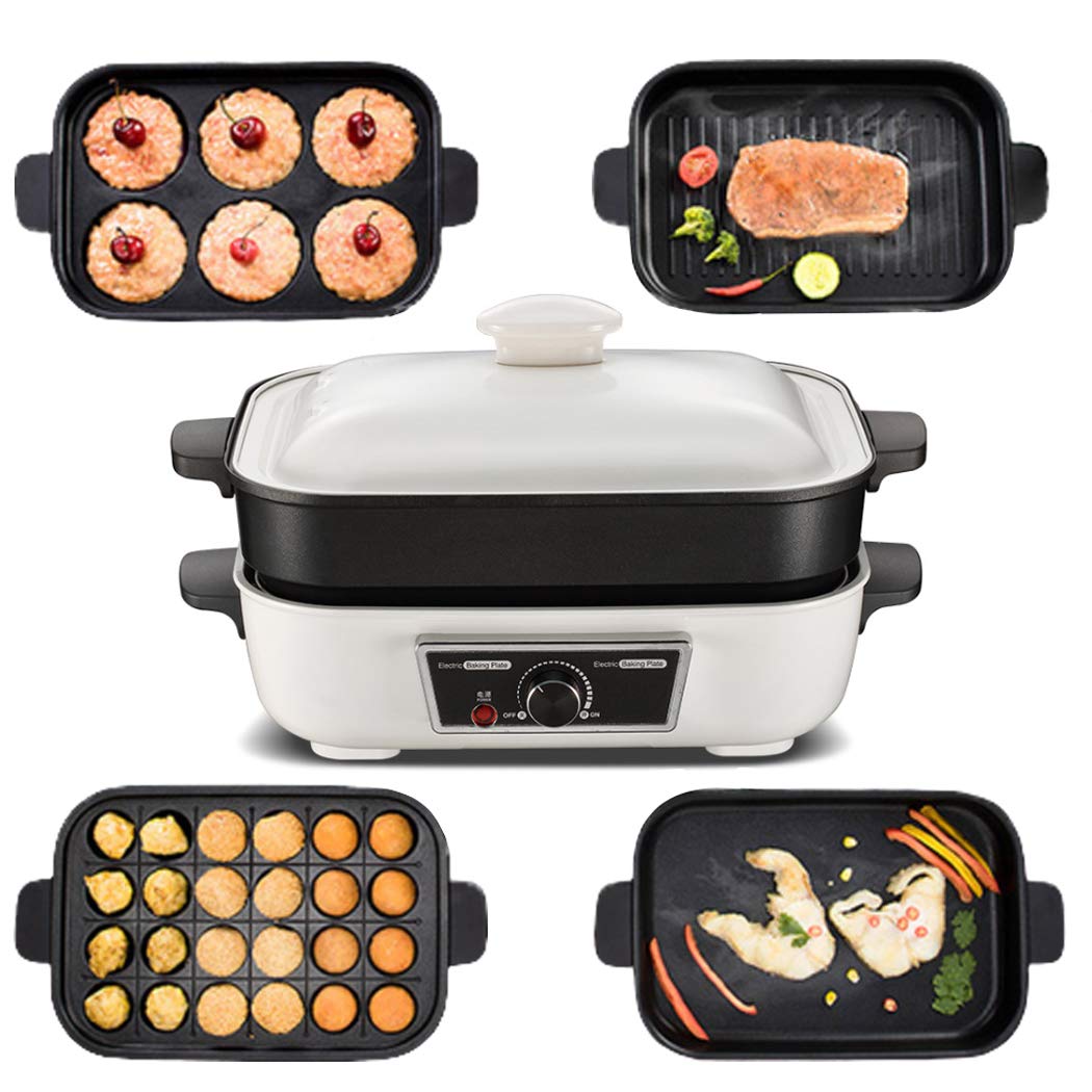 XMZFQ 5 in 1 Multifuction Electric BBQ/Hot Pot/Takoyaki/Frying Pan/Dorayaki Machine, Korean Barbecue Grill, Non-Stick Coating Multi Plate 5-Piece Set,White